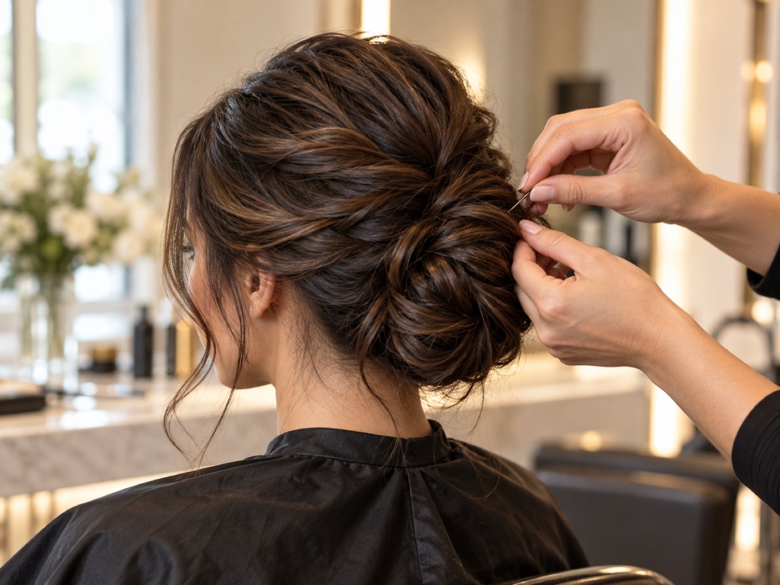 Stylist finishing an elegant brunette updo
