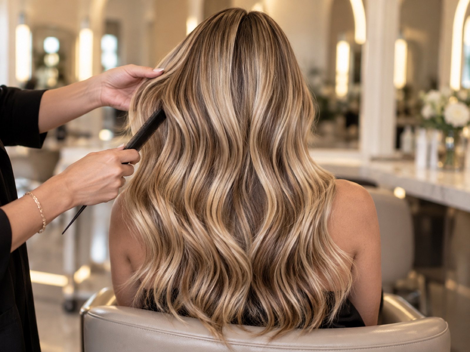 Dimensional blonde waves with caramel lowlights